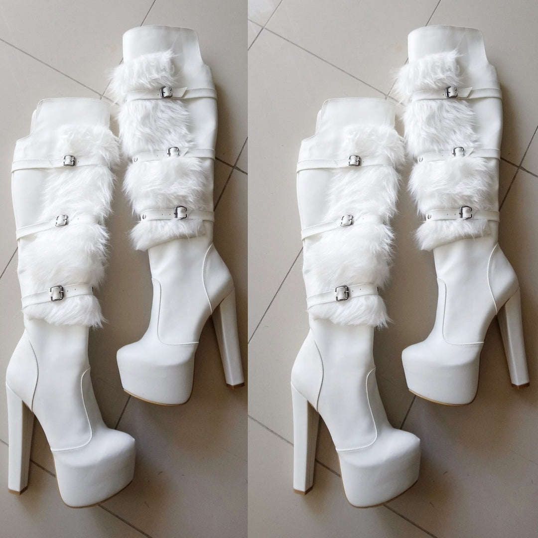White Furry Platform Heel Boots - Tajna Club