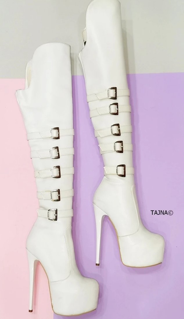 White Belted Platform Knee High Boots - Tajna Club