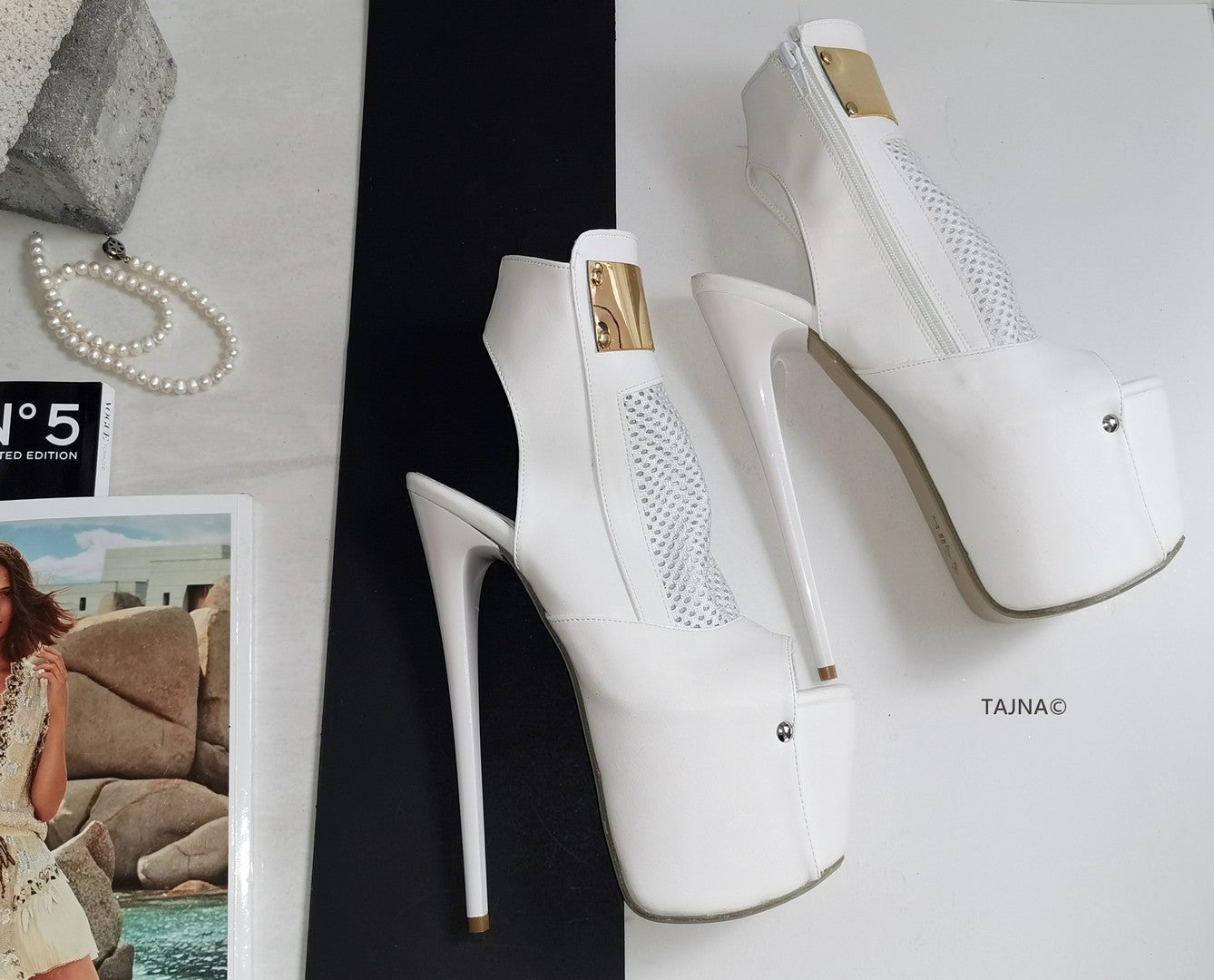 White Fishnet Platform High Heels