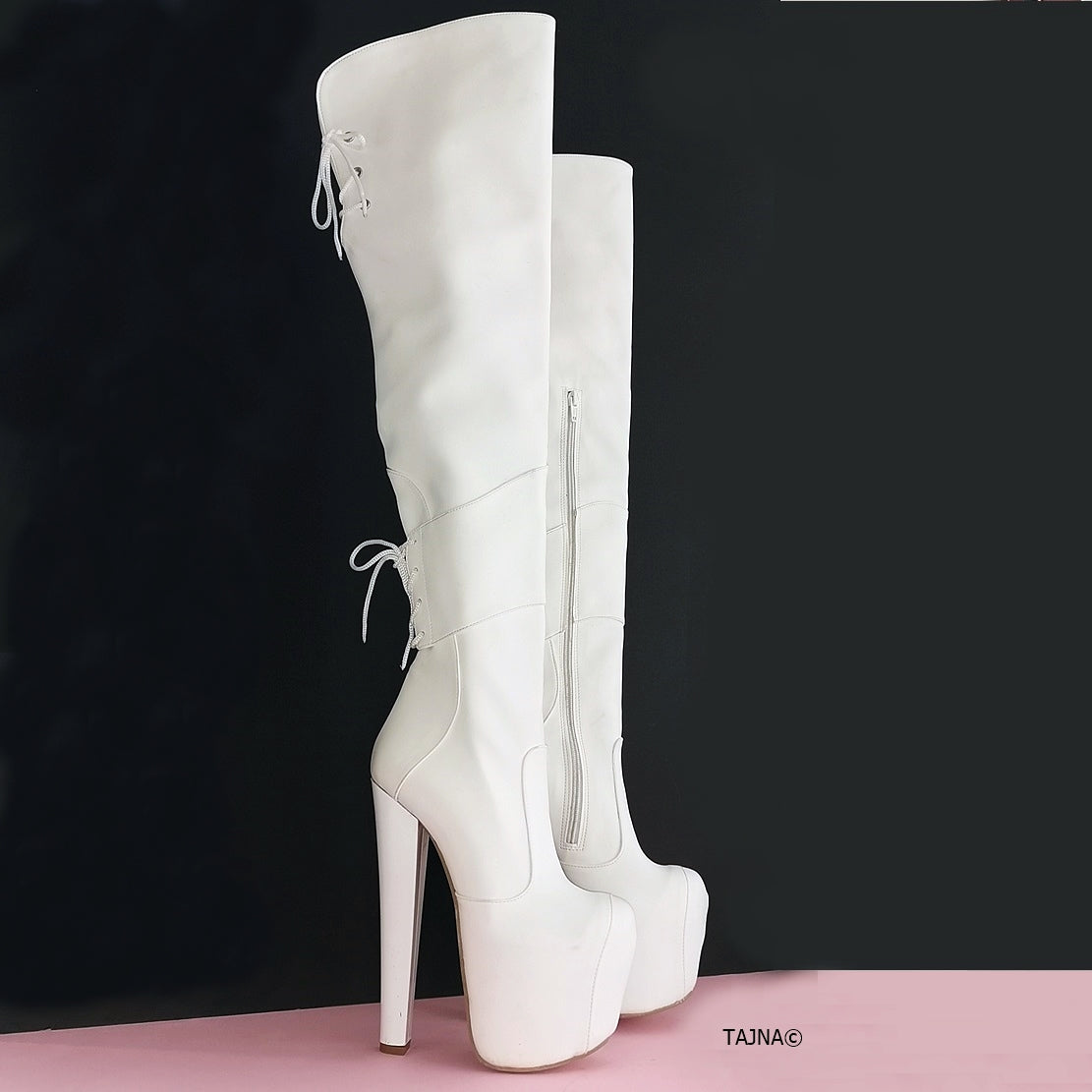 White Chunky Heel Knee High Boots | Tajna Club