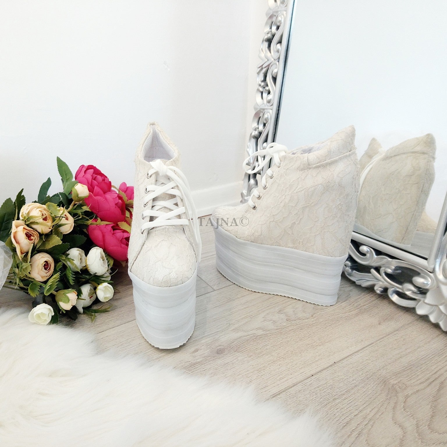 White Cream Lace Up Sport Wedge Platform Shoes - Tajna Club
