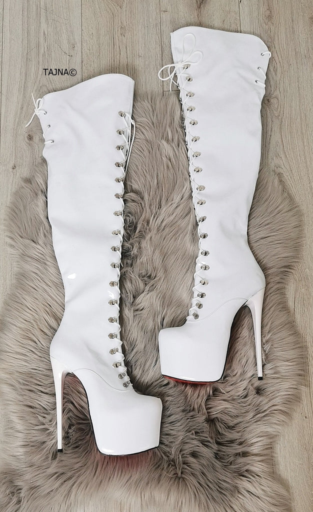 White Patent Lace Up Military Style Over Knee Boots Tajna Shoes Tajna Club