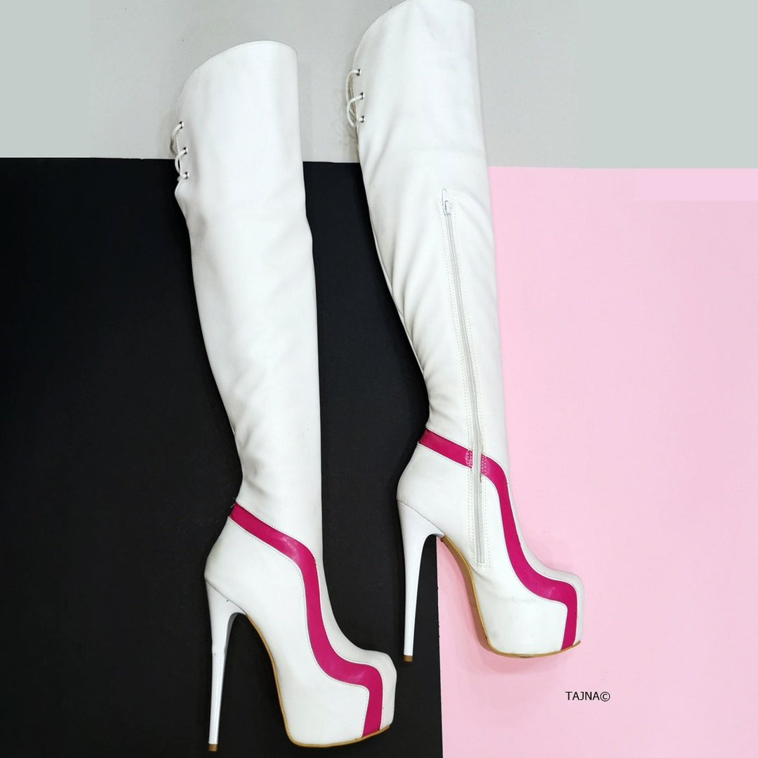 Ziggy White Pink Knee High Boots - Tajna Club