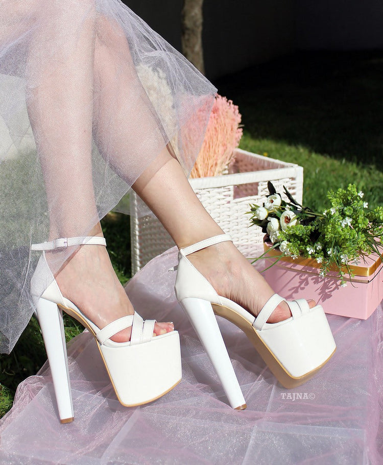 Cross Strap White Patent Wedding Platform Shoes - Tajna Club