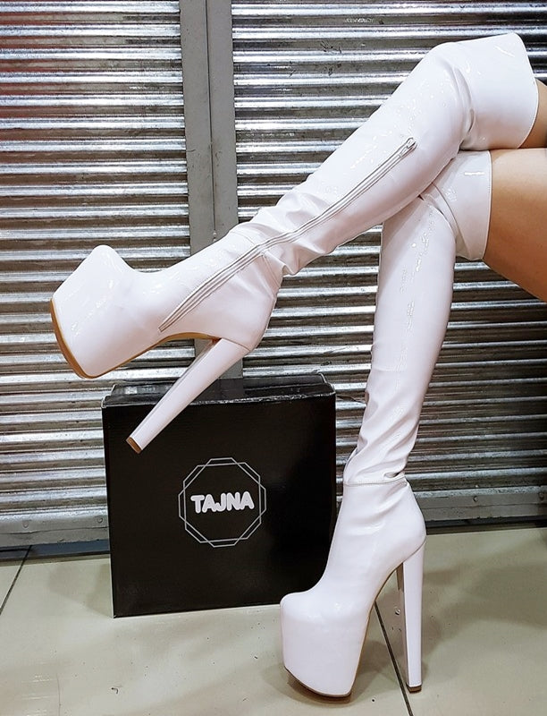 White Strech Over Knee Boots - Tajna Club