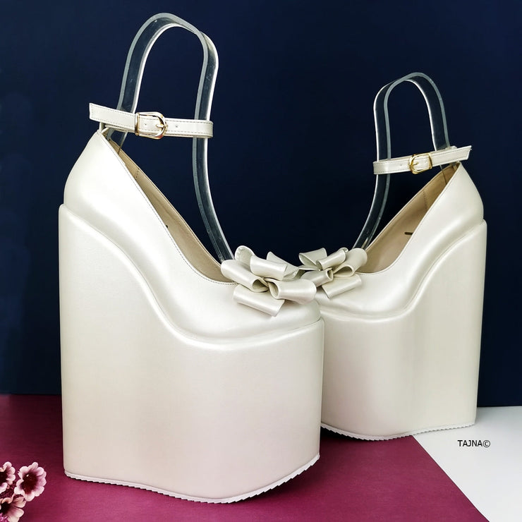 Ivory White Ribbon Platform Heel Bridal Wedges | Tajna Club