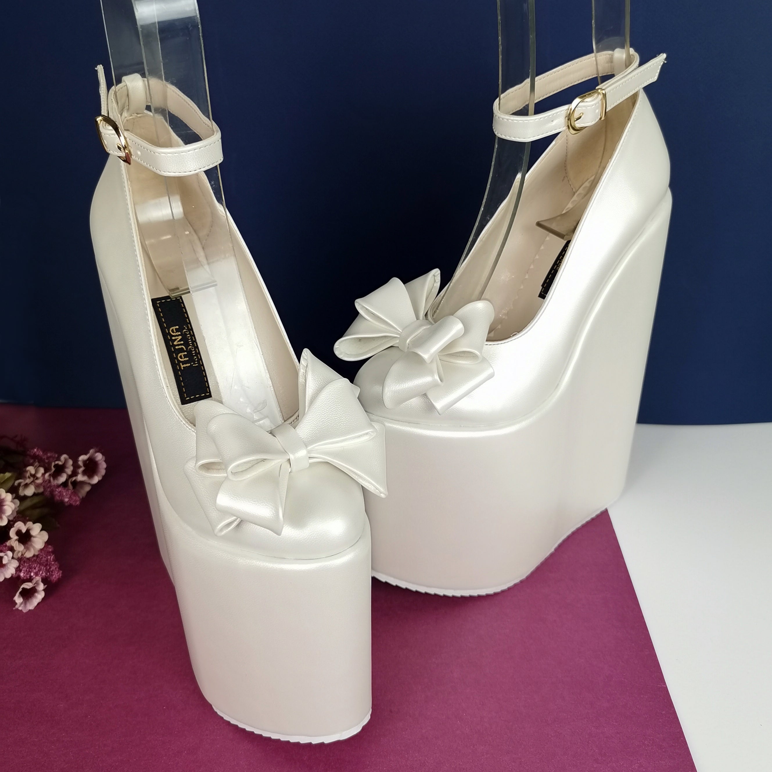Ivory White Ribbon Platform Heel Bridal Wedges - Tajna Club