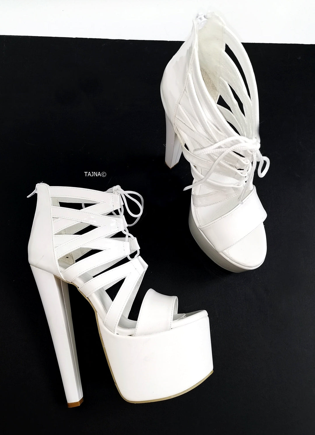 White Patent Gladiator Lace Heels - Tajna Club