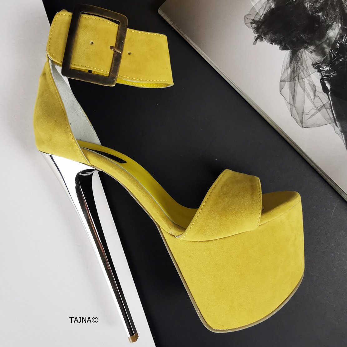 Yellow Suede Big Belted Platform Heels - Tajna Club