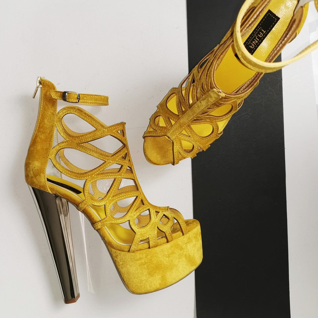 Yellow Lazer Cage Ankle Platform Heels - Tajna Club