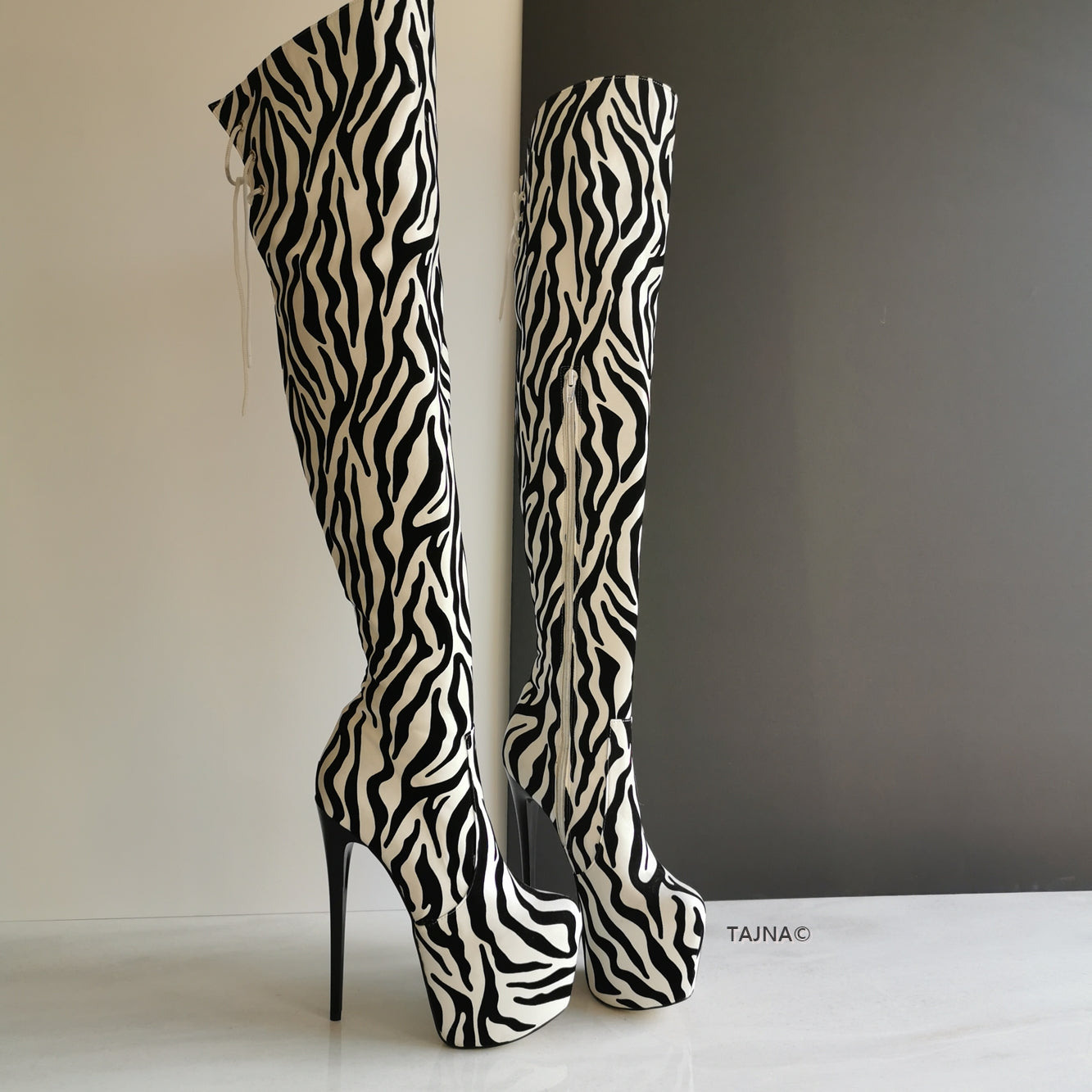 Zebra thigh high boots top